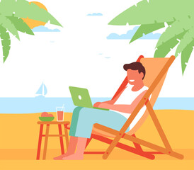 Freelance man working with laptop on beach. Freelancer sitting in chaise lounge chair. Remote job. Entrepreneur relaxing under palms. Summer vacation. Tropical resort. Vector concept