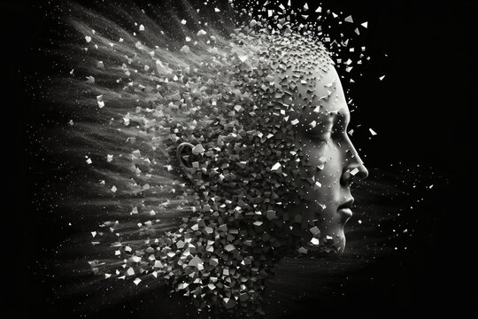 exploding head into particles, abstract art, generative ai