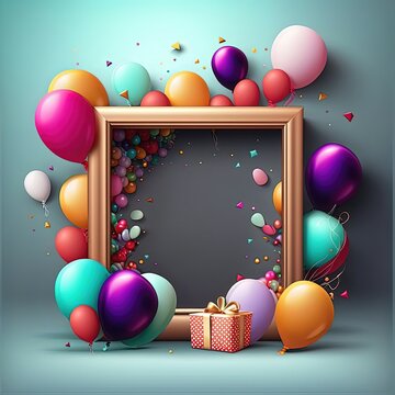 Happy Birthday Frame With Colorful Balloons And Giftbox Generative Ai Technology