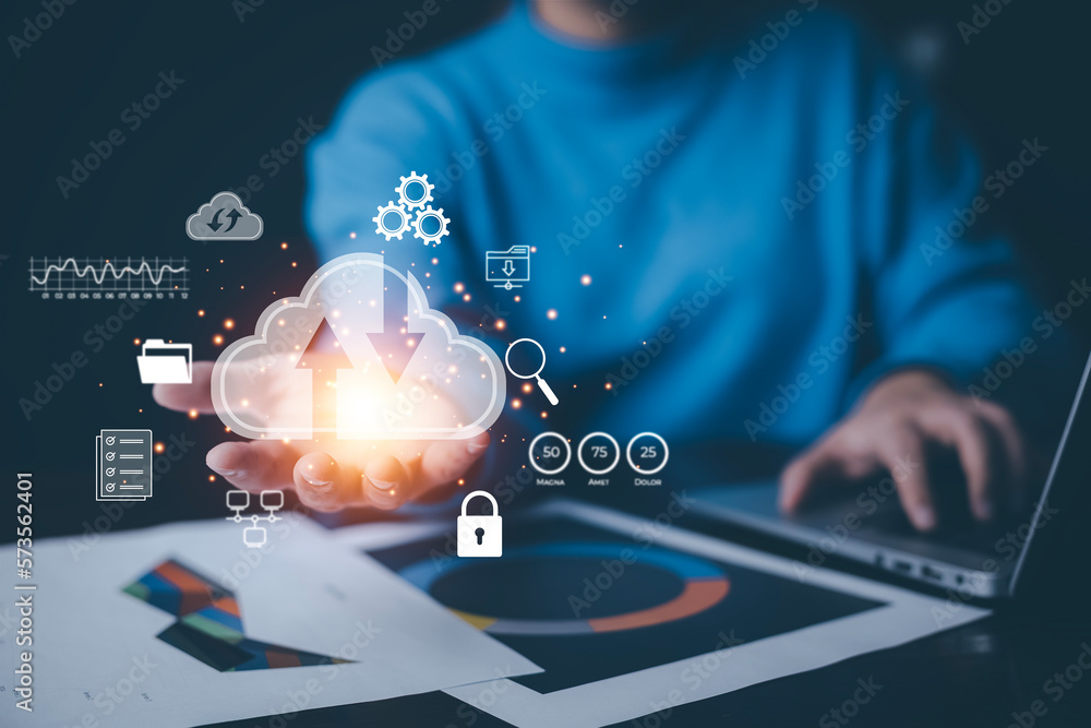 Poster businessman hand holding smartphone and laptop with cloud computing diagram show on hand. cloud tech