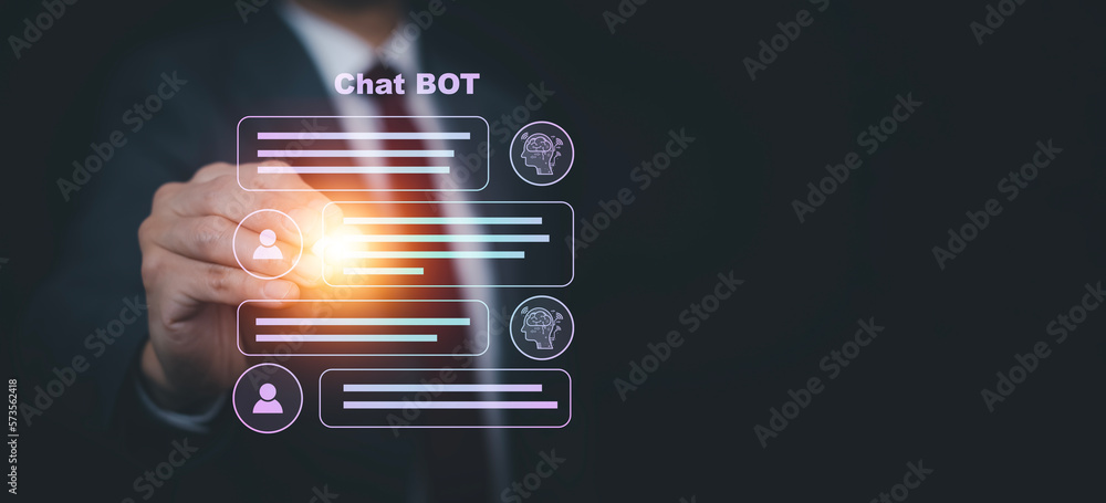 Poster businessman hand touch chat bot chat with ai, artificial intelligence, system artificial intelligenc