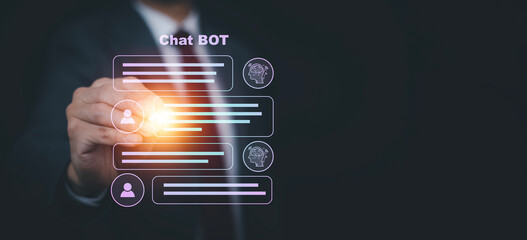 Businessman Hand touch Chat bot Chat with AI, Artificial Intelligence, System Artificial intelligence an artificial intelligence chatbot, Digital chatbot, Robot application, conversation