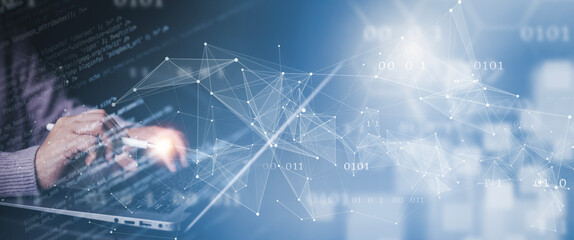 Businessman hand touch with Code html and programming on screen laptop,Programmer development Computer code,web design  coding technology in software, digital software technology development, IoT