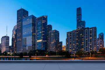 Plakat Skyscrapers Cityscape Downtown, Chicago Skyline Buildings. Beautiful Real Estate. Night time. Empty rooftop View. Success concept.