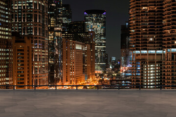 Skyscrapers Cityscape Downtown, Chicago Skyline Buildings. Beautiful Real Estate. Night time. Empty...