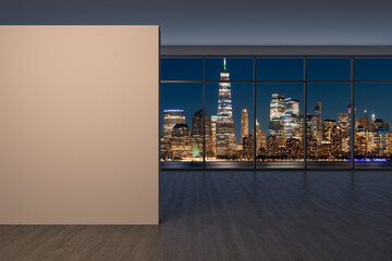 Downtown New York City Lower Manhattan Skyline Buildings. High Floor Window. Mock up wall. Real Estate. Empty room Interior Skyscrapers View Cityscape. Financial district. Night. 3d rendering.