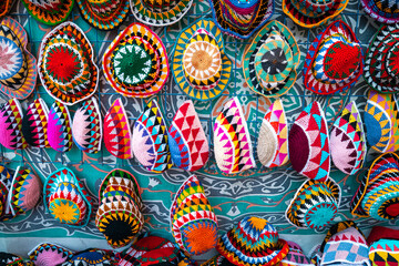 Colorful Handmade Clothes. Variety of Traditional Egyptian Souvenir. Oriental Bazaar at Nubian...