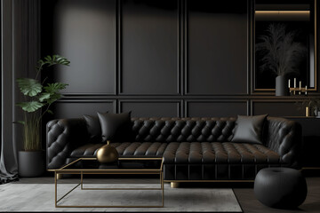 Modern living room interior with stylish comfortable black sofa