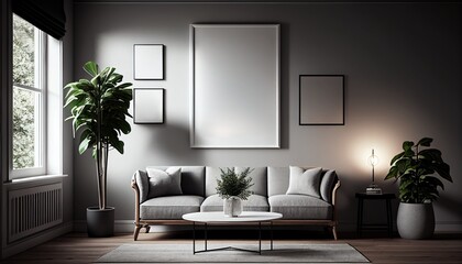 Sunny Living room with open window, mockup framed art and a lamp, Generative AI