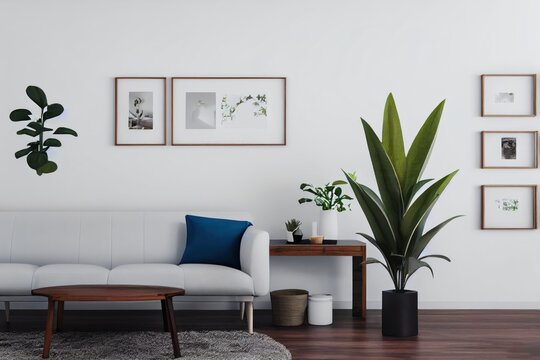 Simple White living room with 2 framed pictures, some house plants and a sofa with blue cushions, Generative AI