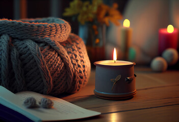 Obraz na płótnie Canvas The atmosphere of winter holidays with candles, a knitted sweater and a book. Generative ai