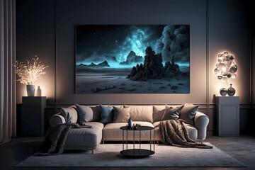 Modern living room interior with stylish comfortable sofa and beautiful night sky painting on the wall