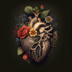 A human heart with florals and gear. Anatomical vintage illustration. (Generative AI)