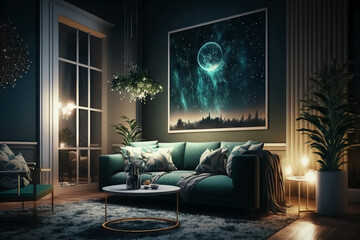 Modern living room interior with stylish comfortable sofa and beautiful night sky painting on the wall