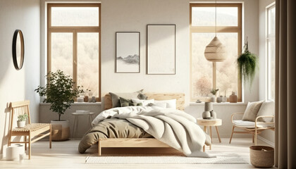 cozy scandinavian style bedroom with natural wood furniture, Generative AI