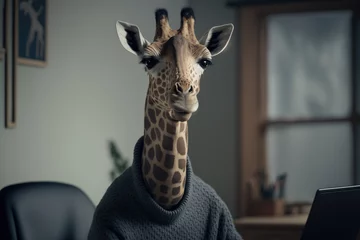 Fotobehang a giraffe wearing a hoodie working on a laptop, Generative AI © fotogestoeber