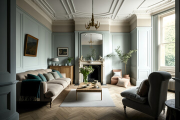 Modern living room interior with stylish comfortable sofa and a painting on the wall