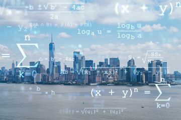 Fototapeta na wymiar Aerial panoramic helicopter city view of Lower Manhattan and Downtown financial district, New York, USA. Technologies and education concept. Academic research, top ranking university, hologram