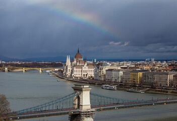 beautiful rainbow panorama from Buda Castle - obrazy, fototapety, plakaty