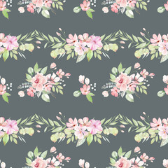 Floral spring seamless pattern for scrapbooking, wrapping, textile, background. Pattern of spring pink flowers. Watercolor pink flowers. Delicate patterns of light pink flowers and green leaves. 
