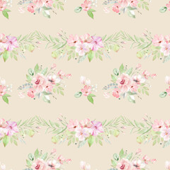 Fototapeta na wymiar Floral spring seamless pattern for scrapbooking, wrapping, textile, background. Pattern of spring pink flowers. Watercolor pink flowers. Delicate patterns of light pink flowers and green leaves. 
