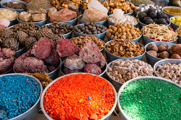Variety of Spices and Arab Herbs at Traditional Oriental Bazaar at Nubian Village. Aswan. Egypt. Africa.