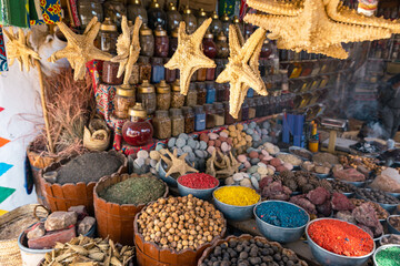 Variety of Spices and Arab Herbs at Traditional Oriental Bazaar at Nubian Village. Aswan. Egypt. Africa. - obrazy, fototapety, plakaty