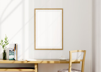 Mockup of a white photo frame in the living room, with clipping path. 3d rendering