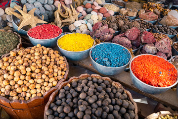 Variety of Spices and Arab Herbs at Traditional Oriental Bazaar at Nubian Village. Aswan. Egypt. Africa.