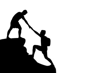 Silhouette Two Male hikers climbing up mountain cliff and one of them giving helping hand. People helping and, team work concept.