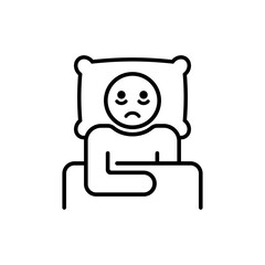 Insomnia linear icon. The man lies in bed and cannot sleep.