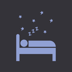 Sleeping person icon in bed at night.