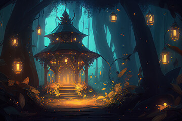 Enchanted fairy forest landscape, misty dark mood. Concept art ai generative