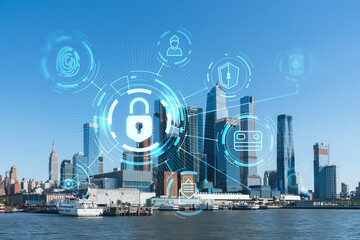 New York City skyline from New Jersey over the Hudson River towards the Hudson Yards at day. Manhattan, Midtown. The concept of cyber security to protect confidential information, padlock hologram