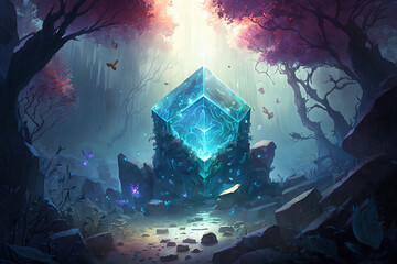 Enchanted fairy forest with gemstones minerals and magic crystals. Concept art ai generative