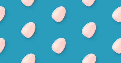 Vector blue seamless background with flat lay eggs. Happy easter seamless wrapping paper pattern. Easter layout or banner with space for text