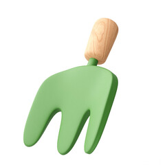 Green hand fork cute cartoon style with wooden handle 3d render illustration on transparent background