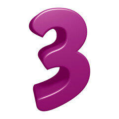 Purple number 3 in 3d rendering for math, business and education concept.
