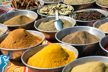 Egiptian Spices and Herbs at Traditional Arab Oriental Bazaar at Nubian Village. Aswan. Egypt. Africa.