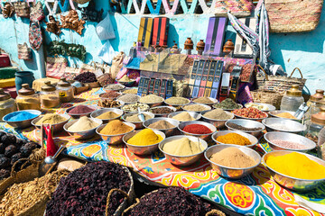 Egiptian Spices and Herbs at Traditional Arab Oriental Bazaar at Nubian Village. Aswan. Egypt....