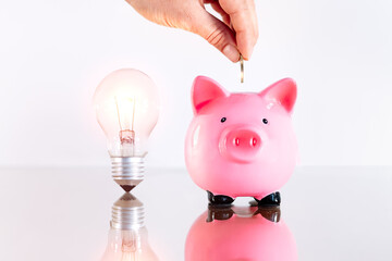 Hand inserting coin into pig piggy bank with a light bulb at the side. Energy saving concept