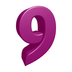 Purple number 9 in 3d rendering for math, business and education concept.