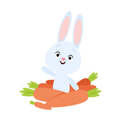 Cute Easter blue bunny sits next to an orange carrot