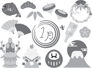 1月の素材セット　グレースケール