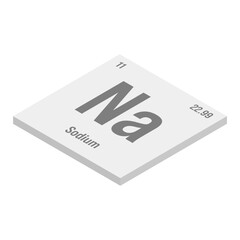 Sodium, Na, gray 3D isometric illustration of periodic table element with name, symbol, atomic number and weight. Alkali metal with various industrial uses, such as in soap, certain types of glass