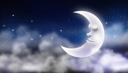 Fototapeta na wymiar moon cartoon on clouds in sky night sky fantasy digital art background.