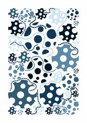 Fototapeta premium Dots and circles. Abstract shapes. Blue colors. Shapes like cartoon cheese. Card or banner. 