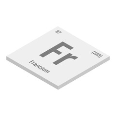 Flerovium, Fl, gray 3D isometric illustration of periodic table element with name, symbol, atomic number and weight. Synthetic element with very short half-life, created through nuclear reactions in a