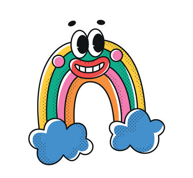 Funny rainbow with smile and eyes. Cute patch or emblem with cartoon style character. Comic sticker design.