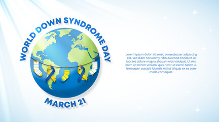World down syndrome day background with world globe and hung stripe socks and ribbon